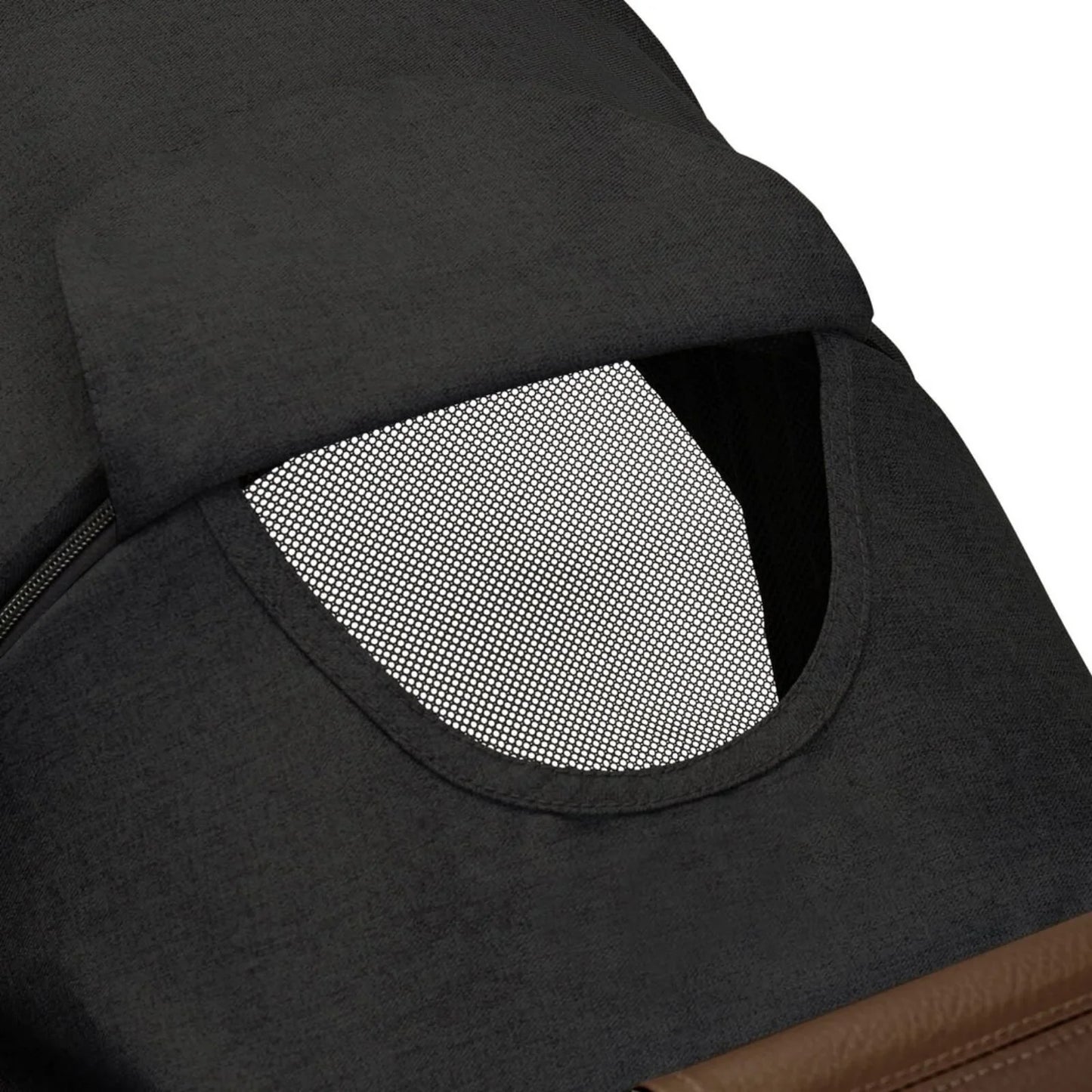 Close-up of a black pet carrier with a mesh window on a white background