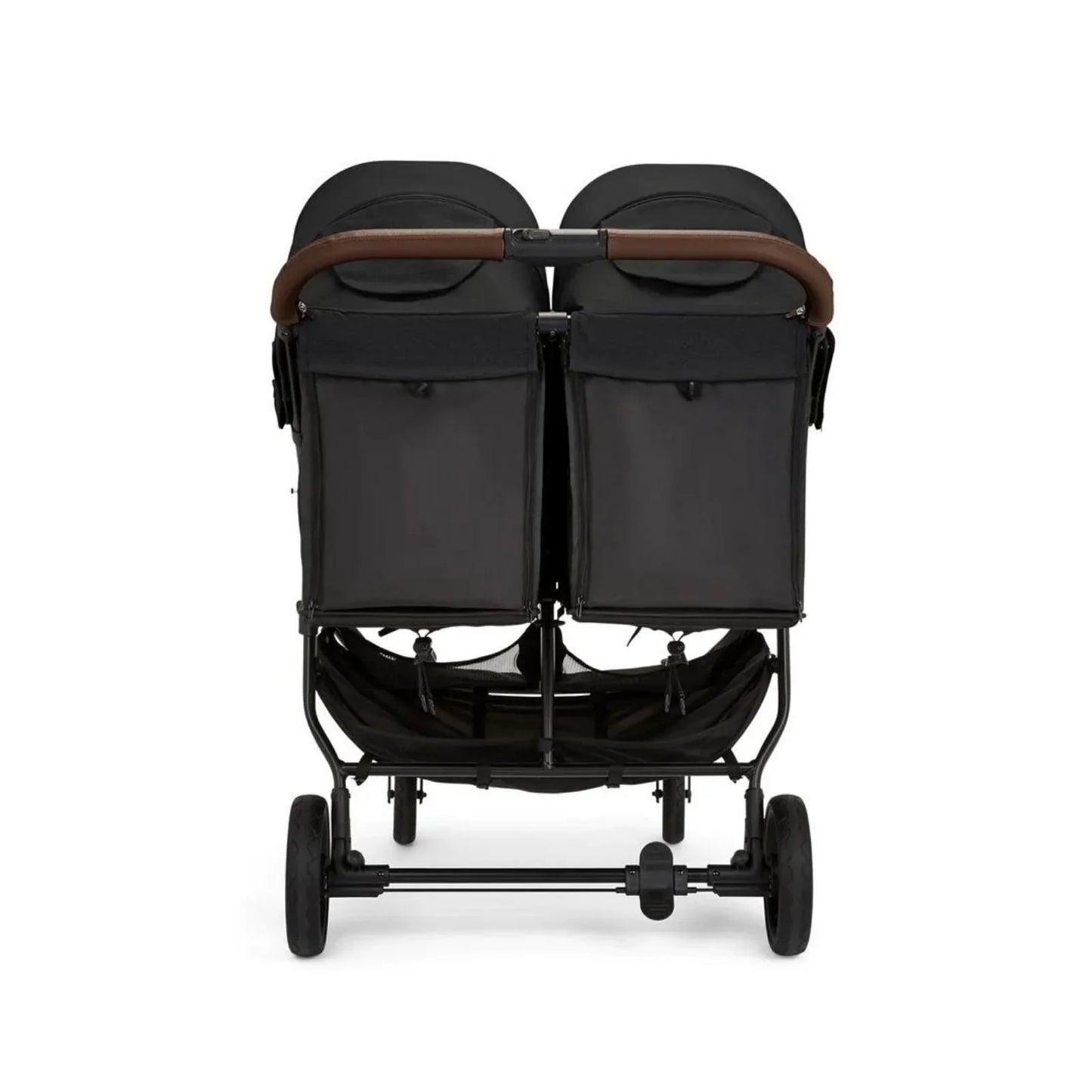 Black double stroller with brown accents on a white background