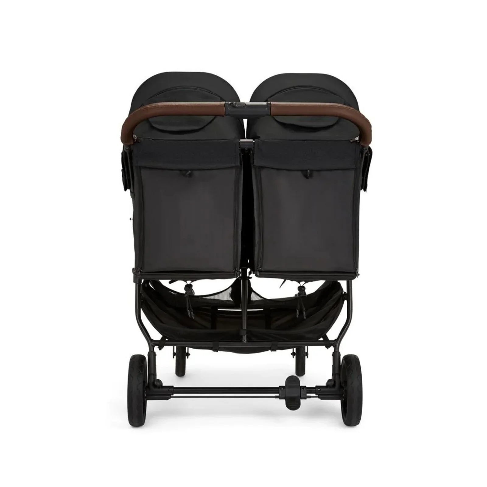 Black double stroller with brown accents on a white background