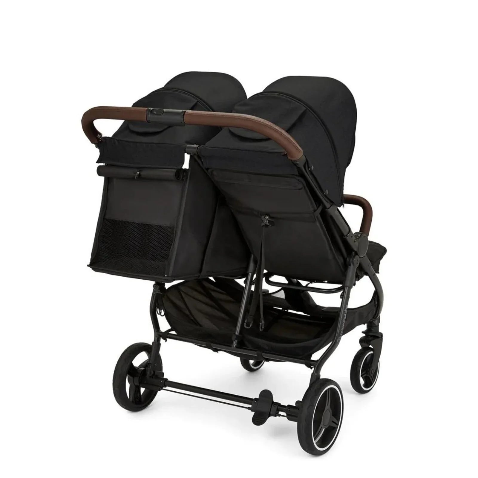 Black double stroller with brown handles on a white background
