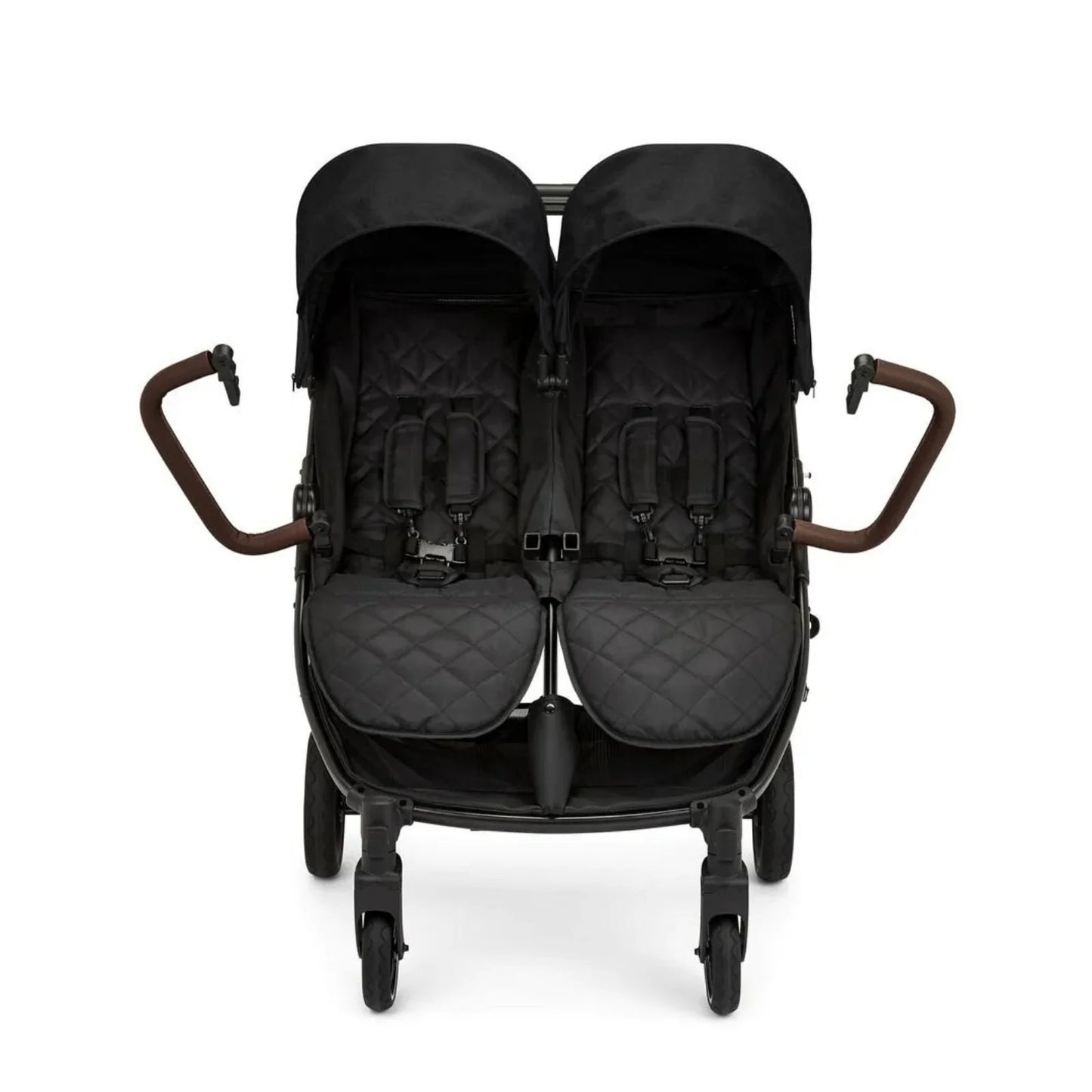 Black double stroller with quilted seats on a white background