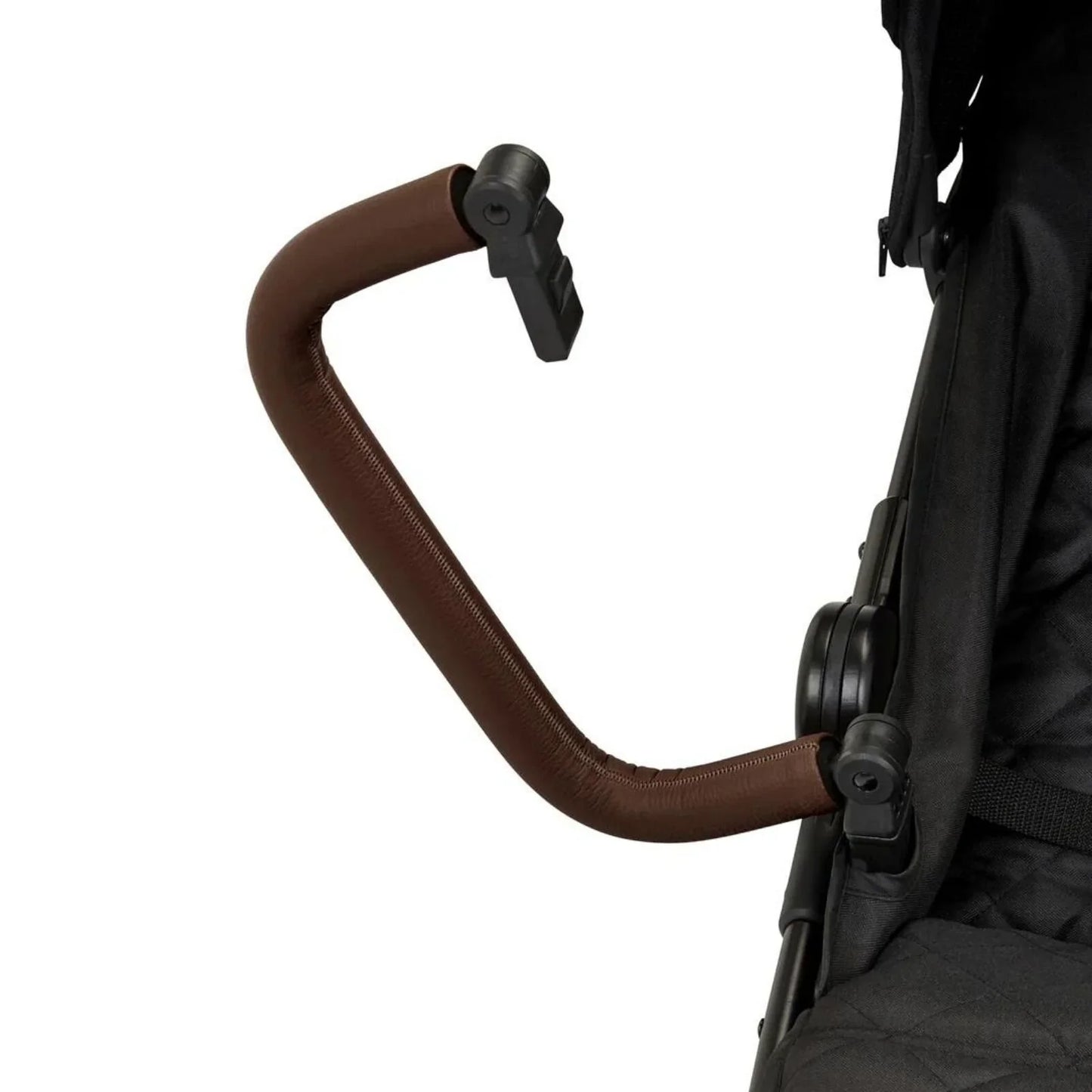 Close-up of a stroller handle with brown grip and black mechanism on a white background