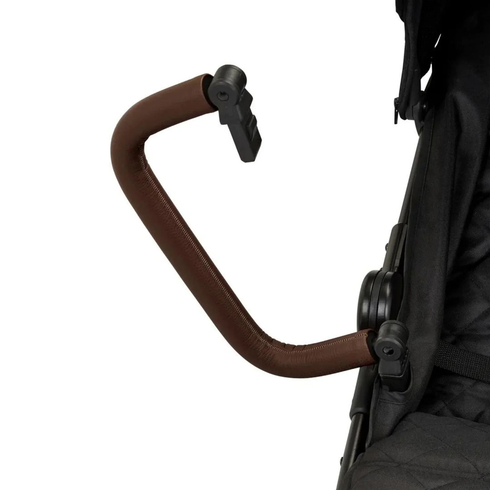 Close-up of a stroller handle with brown grip and black mechanism on a white background