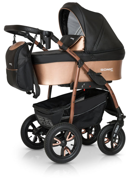 A 3-in-1 Sonic PRO stroller shown in carrycot mode, pushchair mode, and car seat mode, featuring a black and brown color scheme with gold accents.