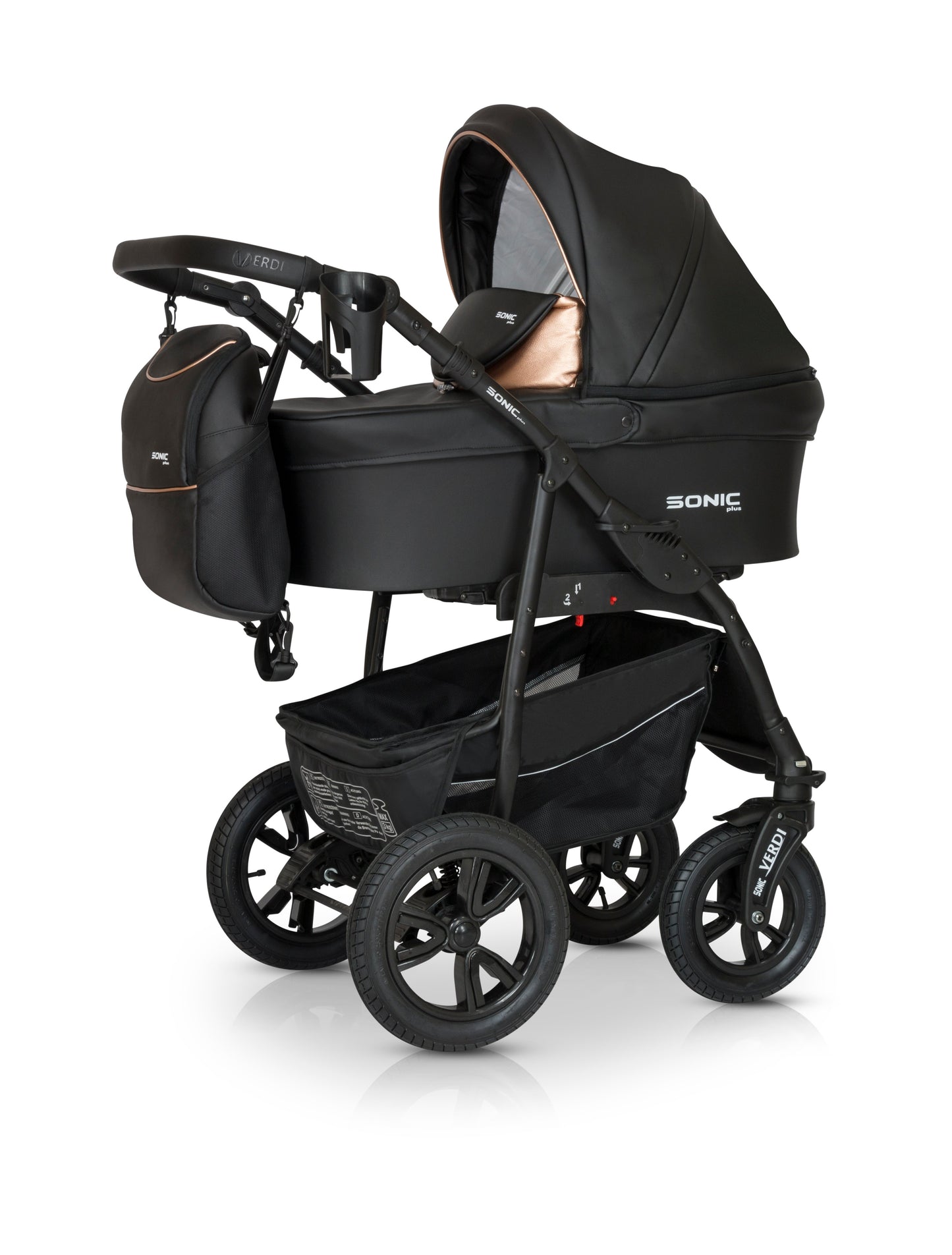 A 3-in-1 Sonic PRO stroller shown in carrycot mode, pushchair mode, and car seat mode, featuring a black and brown color scheme with gold accents.