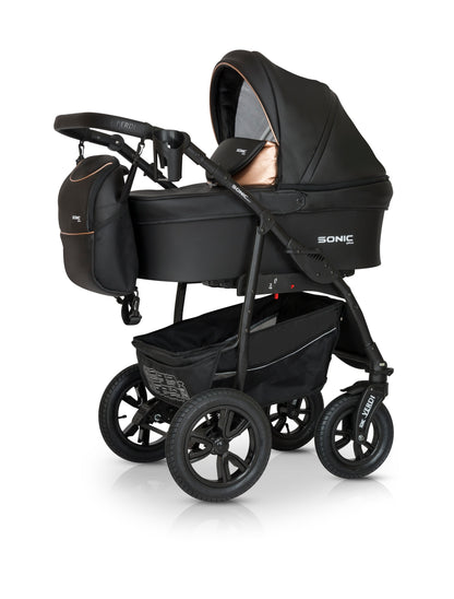 A 3-in-1 Sonic PRO stroller shown in carrycot mode, pushchair mode, and car seat mode, featuring a black and brown color scheme with gold accents.