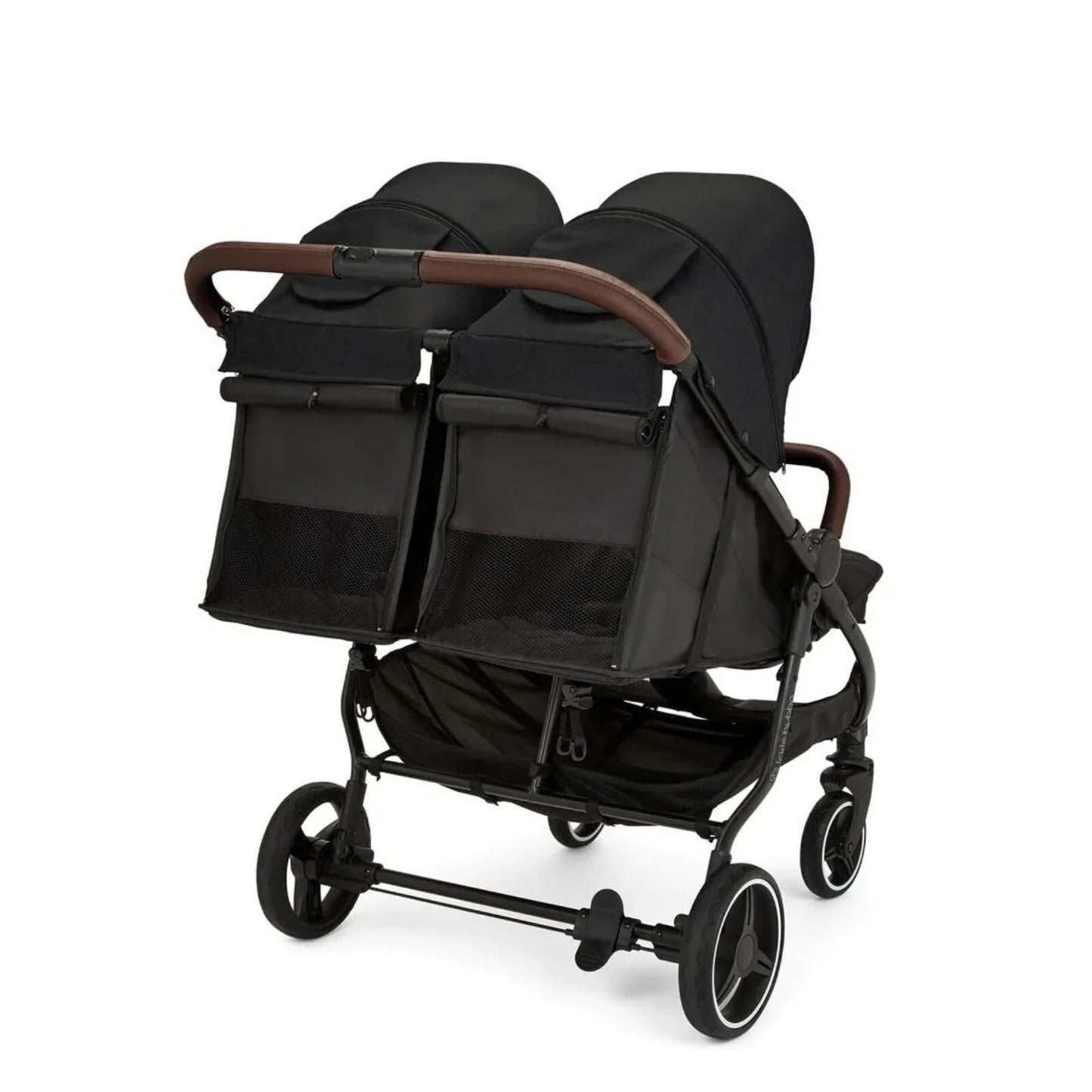 Black double stroller with wooden handles on a white background