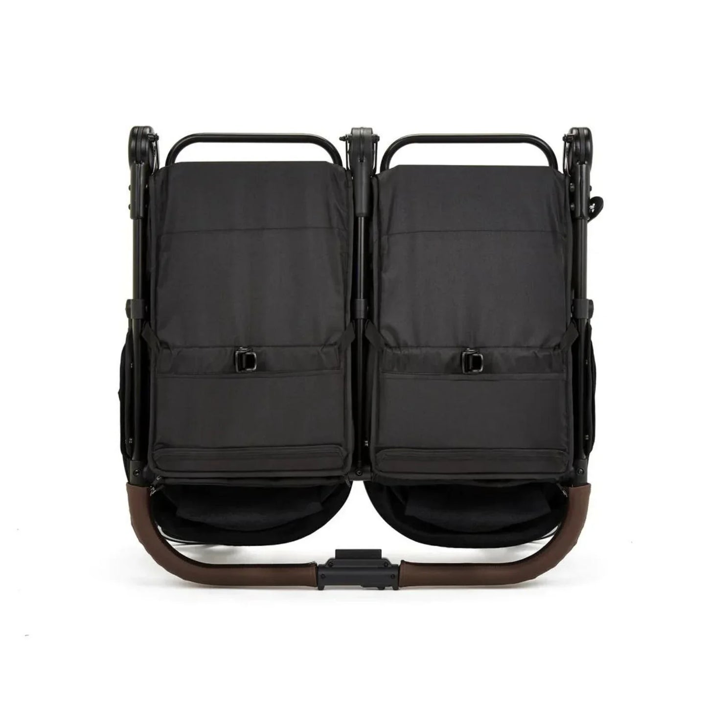 Black double stroller with brown accents on a white background