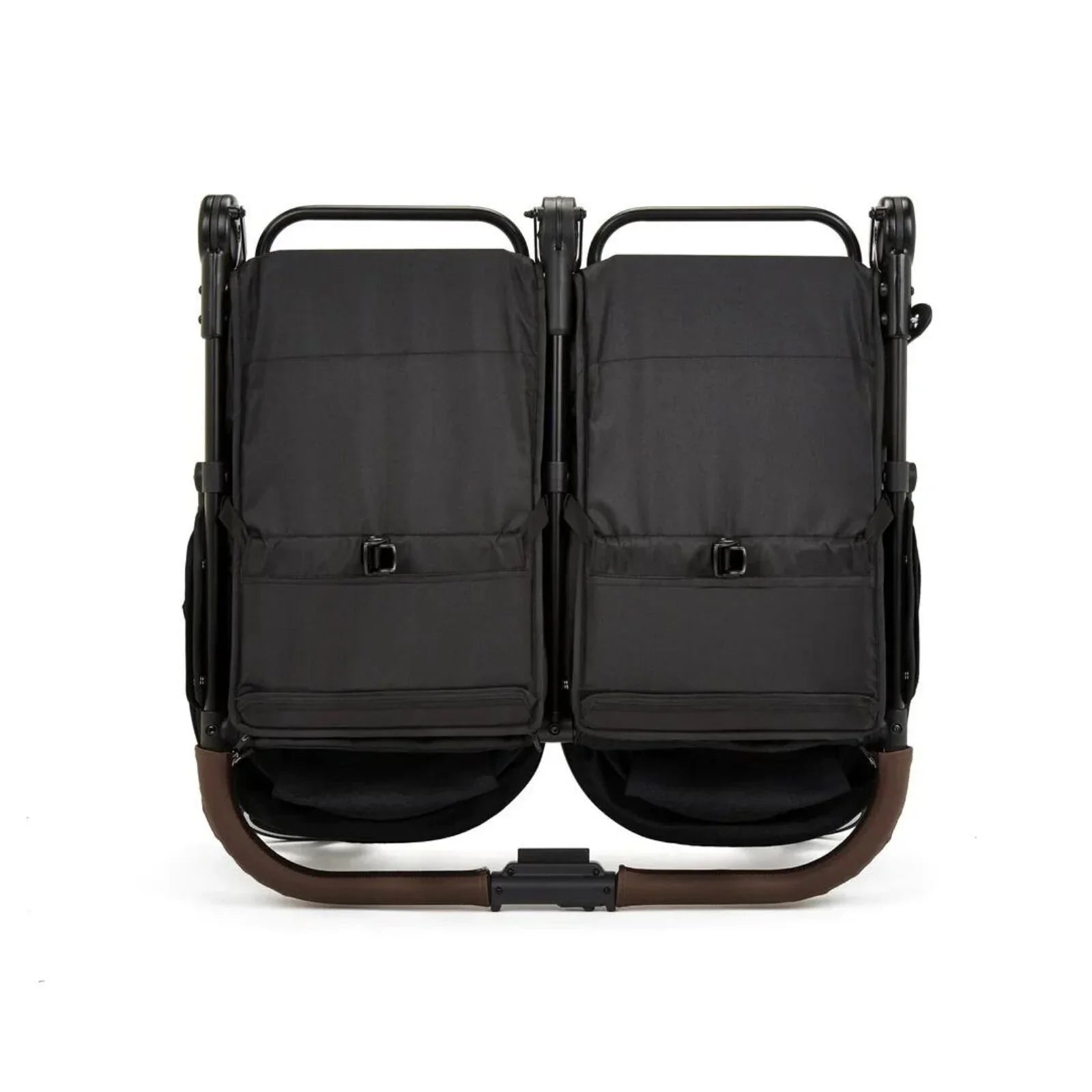 Black double stroller with brown accents on a white background