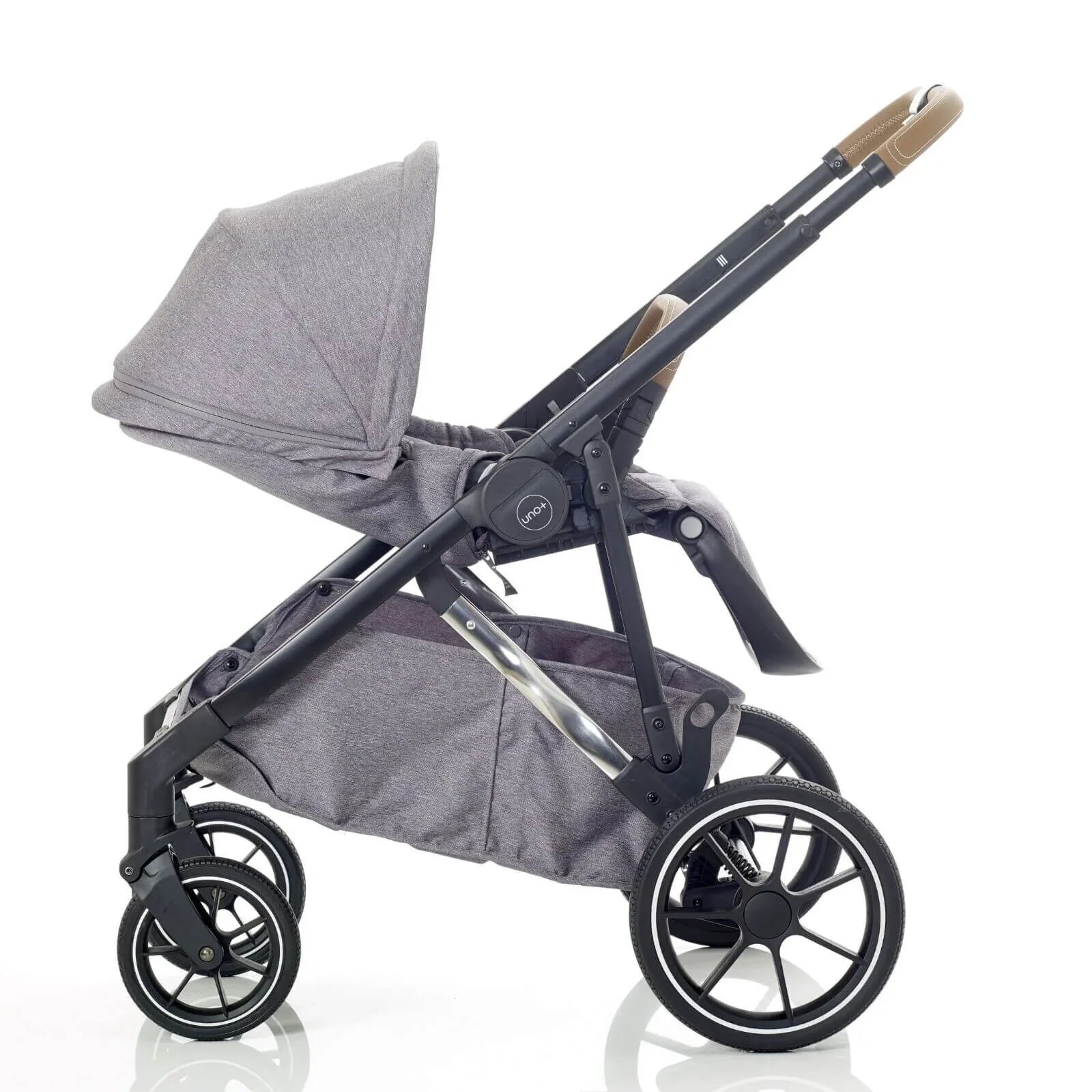 Gray stroller with black frame and wheels on a white background