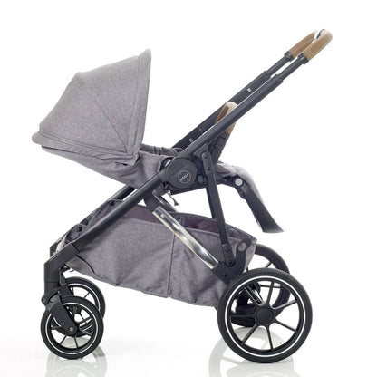 Gray stroller with black frame and wheels on a white background