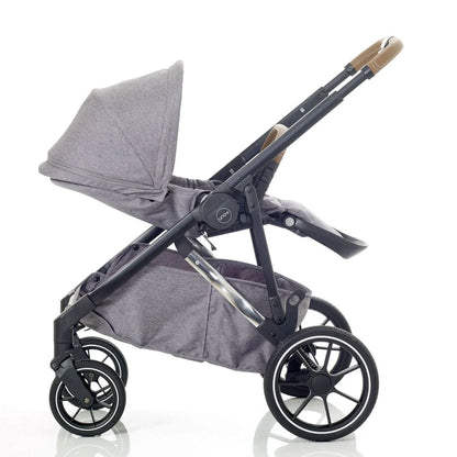 Gray stroller with a folded canopy on a white background