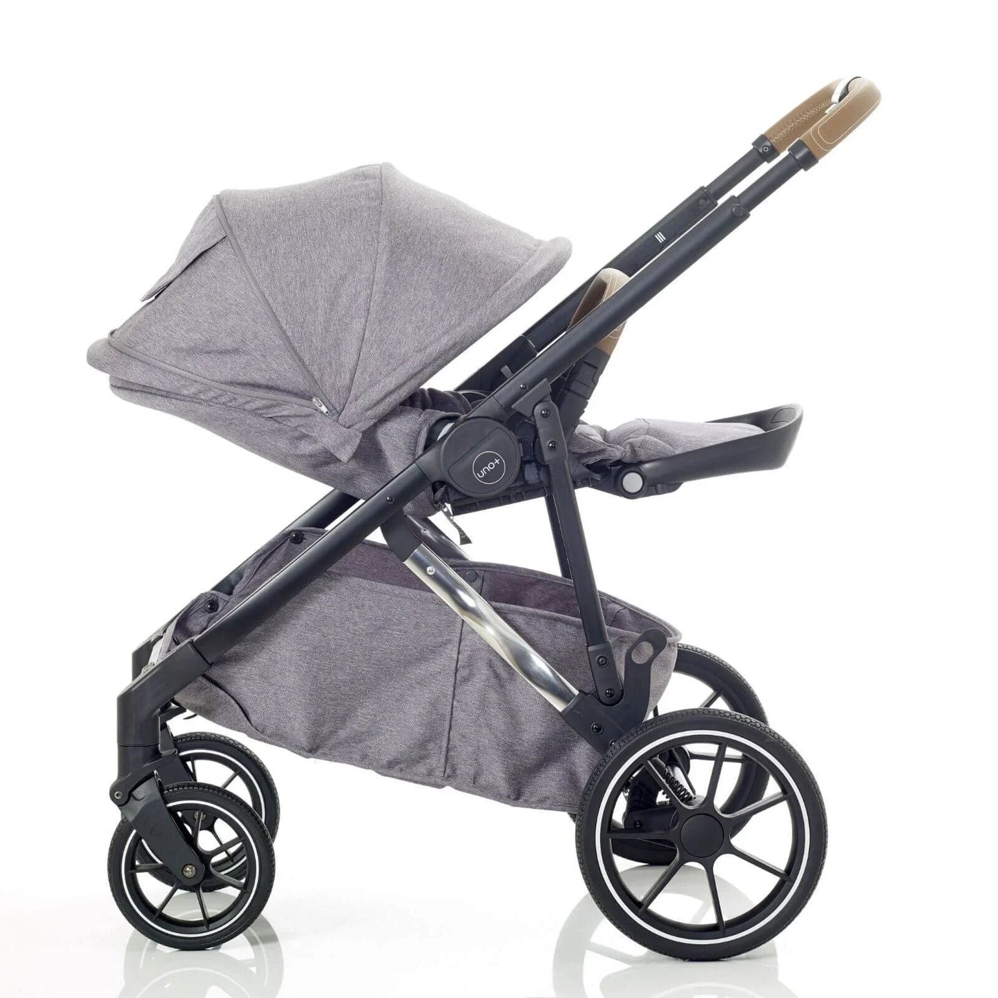 Gray stroller with a black frame on a white background