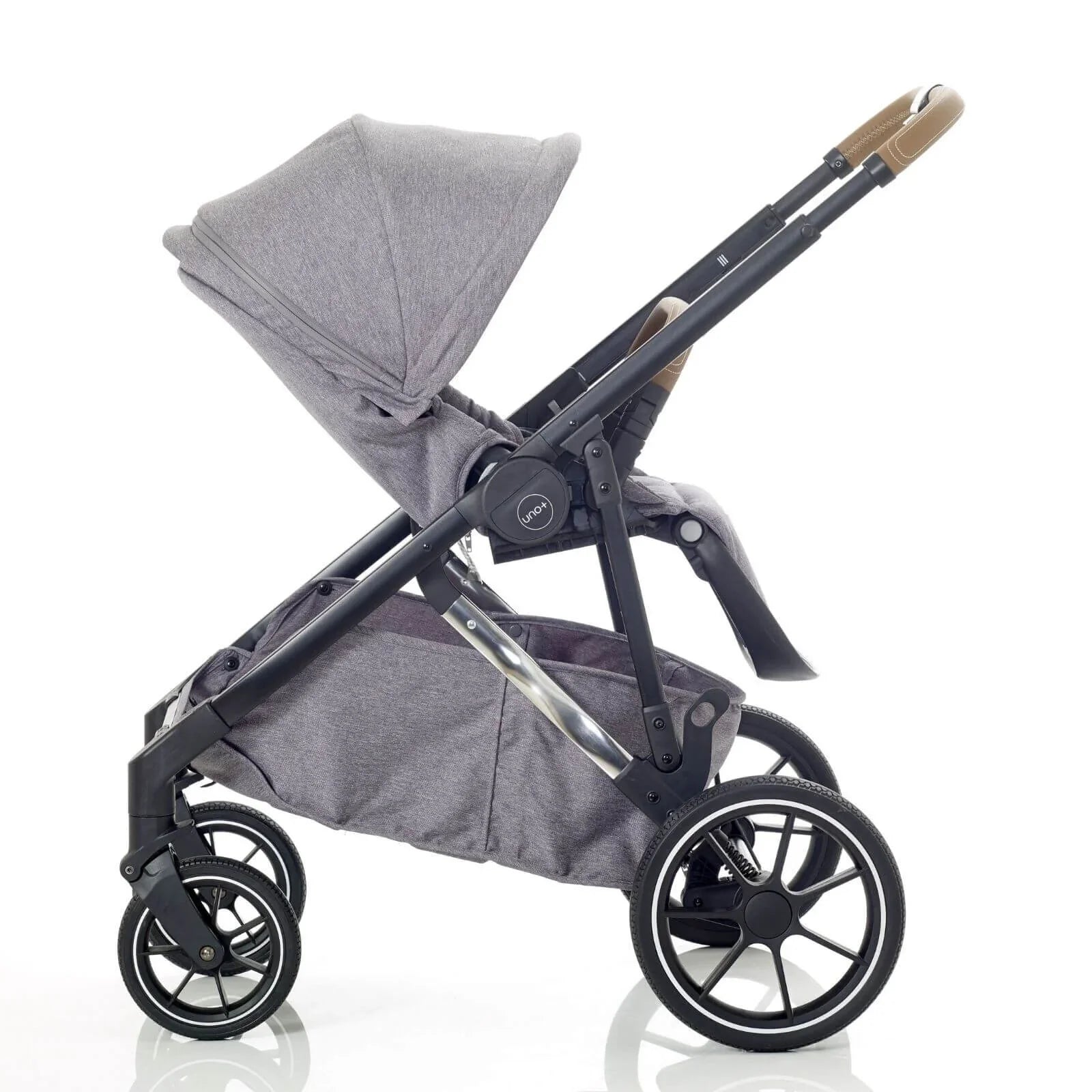 Gray stroller with a folded canopy on a white background