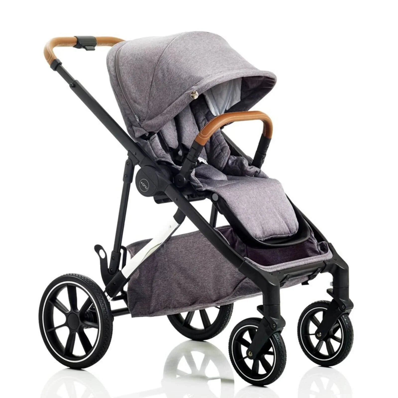 Gray stroller with a hood on a white background