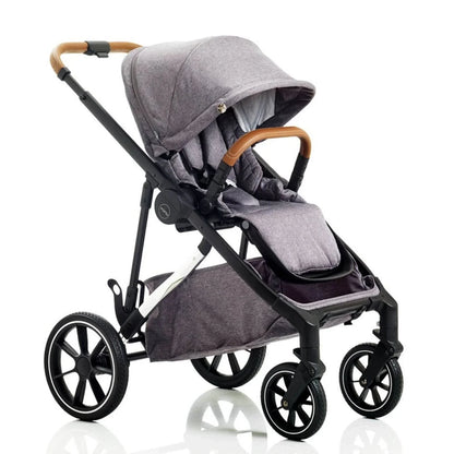 Gray stroller with a hood on a white background
