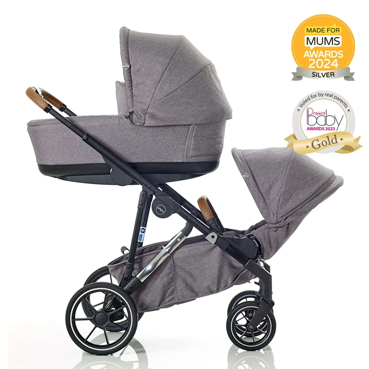 Gray stroller with awards on a white background
