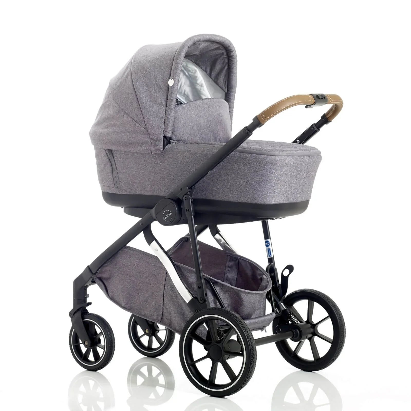 Gray baby stroller with a black frame on a white background