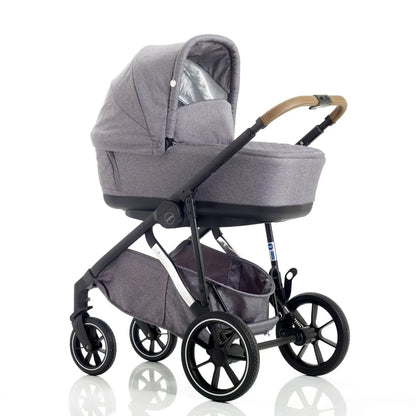 Gray baby stroller with a black frame on a white background