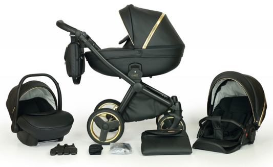 A Mirage Soft 3 in 1 Stroller in black color, showing three modes: carrycot, pushchair, and car seat, with premium materials and ergonomic design.