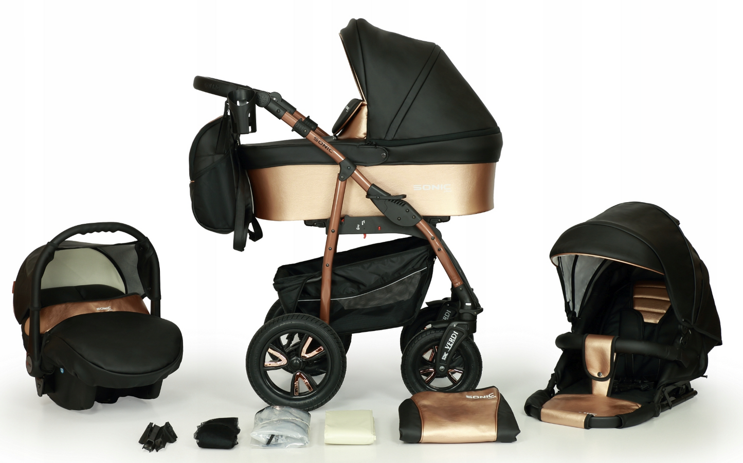 A 3-in-1 stroller system showing configurations as a carrycot, a pushchair, and a car seat. The stroller is shown in black with brown accents, equipped with various accessories like a sun visor, shopping basket, and a rain cover.