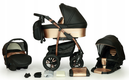 A 3-in-1 stroller system showing configurations as a carrycot, a pushchair, and a car seat. The stroller is shown in black with brown accents, equipped with various accessories like a sun visor, shopping basket, and a rain cover.